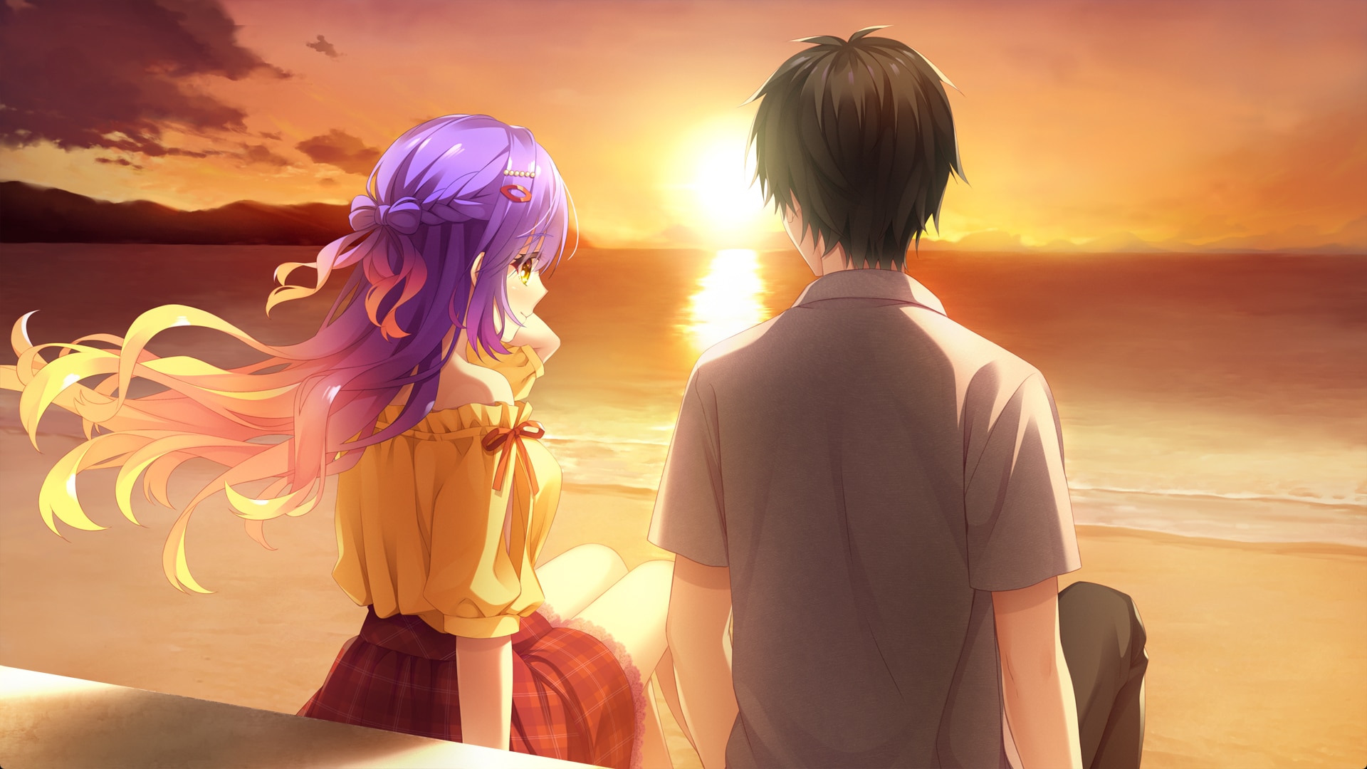 夏日狂欢海边夕阳主视觉展示角色与夏日小镇氛围